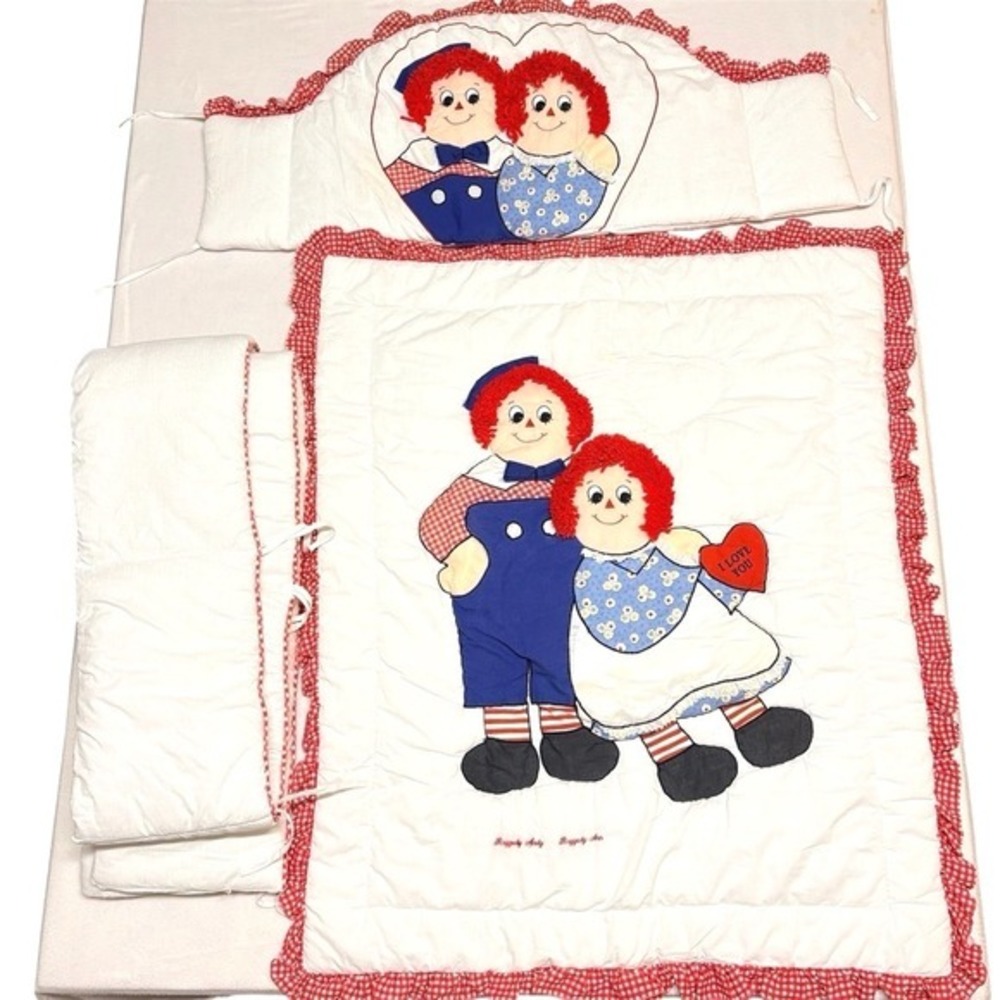 Vintage Raggedy Ann & Andy Applique Crib Quilt Nursery‎ Bedding Set Rail Cover